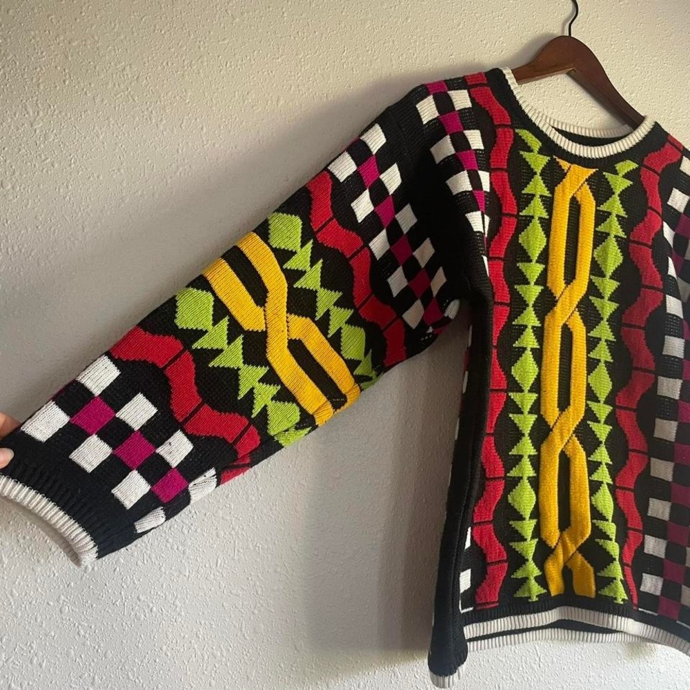 Vintage 80s / 90s Retro Maximal Geometric Chunky Sweater - Picture 3 of 6
